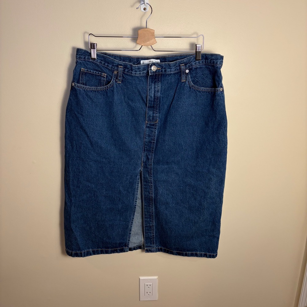 MNG Mango Denim Skirt Womens XXL Blue Midi Front Slit High Waisted 100% Cotton - Picture 2 of 8
